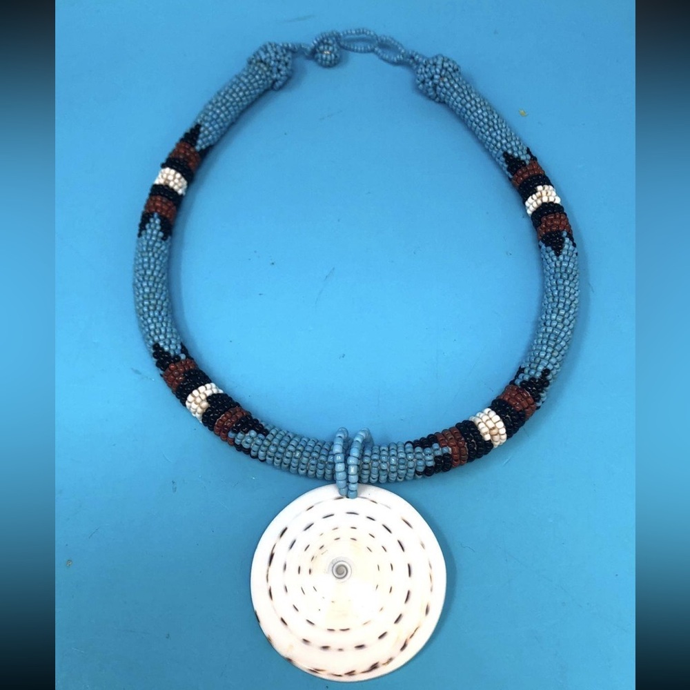 Artisan Handmade Native American Beaded Necklace with Shell Pendant